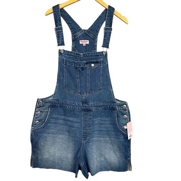 Juicy Couture Denim Short Overalls Raw Hem Size XXL Blue Medium Wash Pockets - Picture 1 of 16